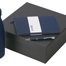 Подарочный набор с блокнотом С1, металлической ручкой и термобутылкой, темно-синий