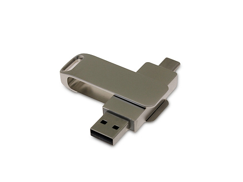 USB 2.0- флешка на 16 Гб поворотный механизм 2 в 1, c дополнительным разъемом Type-C с одноцветным металлическим клипом, серый