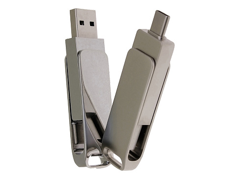 USB 2.0- флешка на 32 Гб поворотный механизм 2 в 1, c дополнительным разъемом Type-C с одноцветным металлическим клипом, серый - рис 5.
