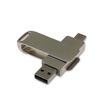 USB 2.0- флешка на 64 Гб поворотный механизм 2 в 1, c дополнительным разъемом Type-C с одноцветным металлическим клипом, серый