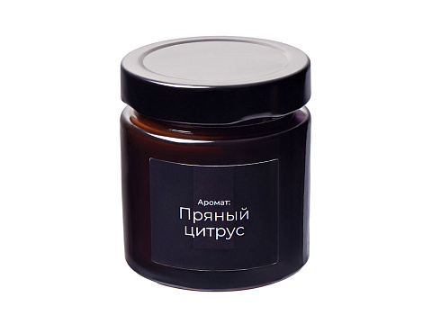 Свеча в стеклянной коричневой банке 200мл, аромат Пряный цирус, фитиль деревянный
