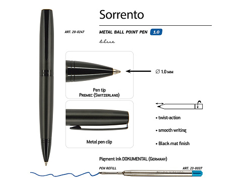 Ручка металлическая шариковая «Sorento», 1,0мм, синие чернила, черный - рис 3.